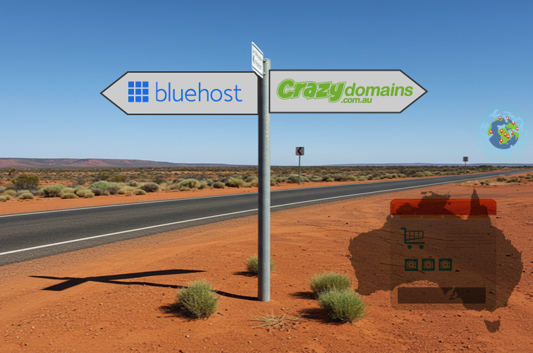 Australian outback with road sign Crazy Domains Bluehost logo
