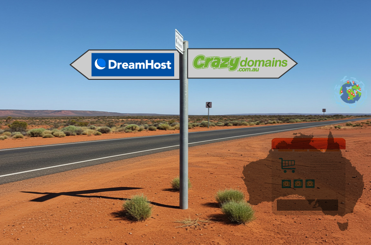 Australian outback with road sign Crazy Domains DreamHost logo