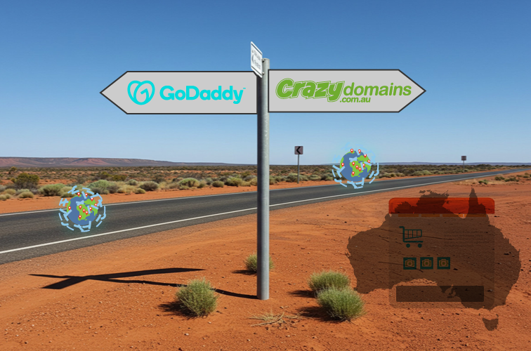 Australian outback with road sign Crazy Domains GoDaddy logo