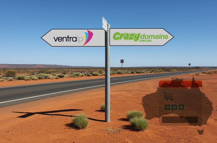 Australian outback with road sign Crazy Domains VentraIP logo