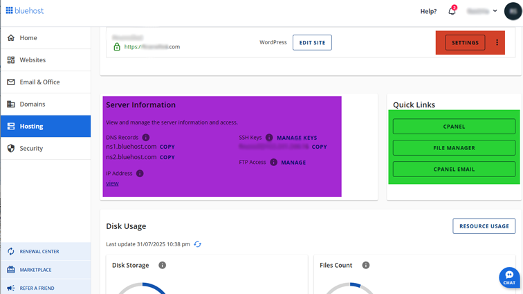 Bluehost Website Management Dashboard overview