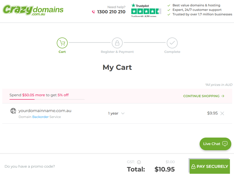 crazy domains cart example