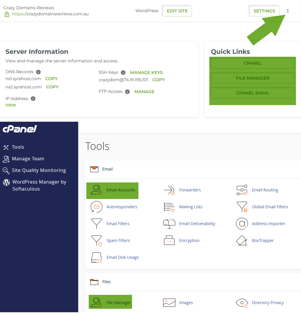 crazy domains webhosting control settings