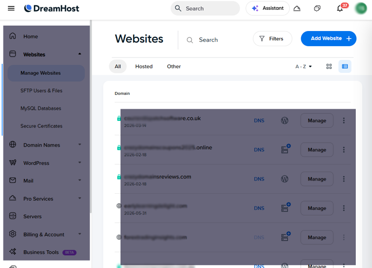 DreamHost User Dashboard manage website