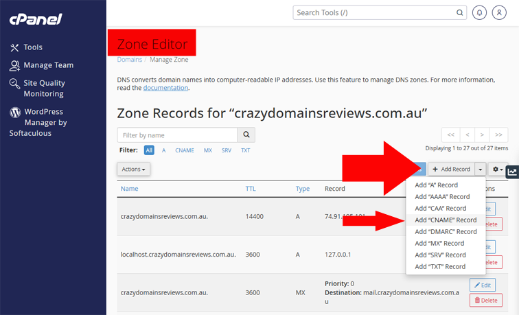 CNAME record option cPanel