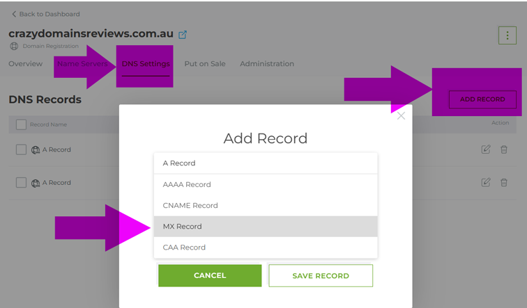 Crazy Domains DNS Setting