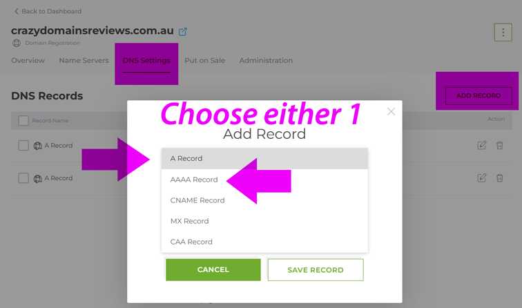 DNS Records Add Record option