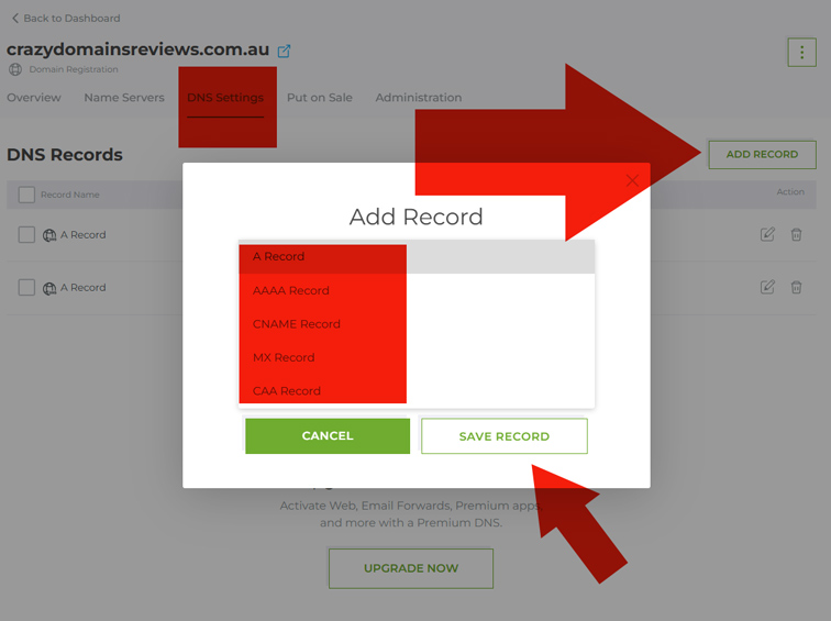 DNS Settings Crazy Domains Dashboard