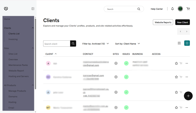 GoDaddy Pro Hub Client management UI