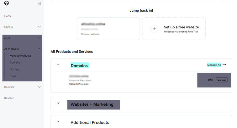 GoDaddy Product management UI