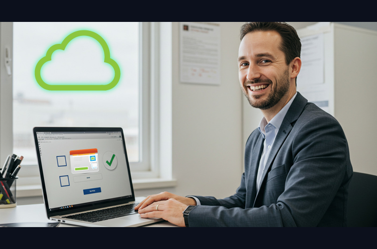 business owner smiling at their laptop