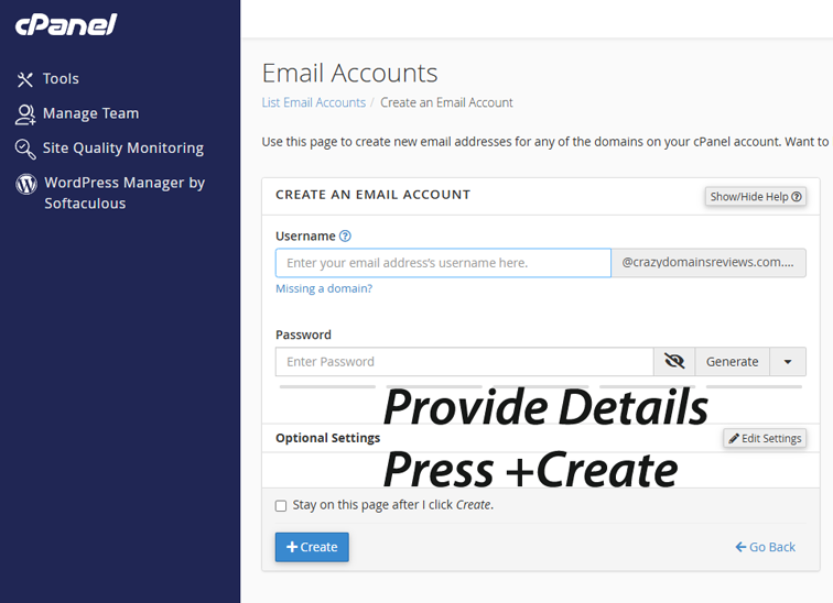 cPanel Create Email Account
