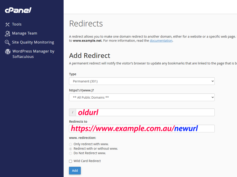 cPanel Redirects 301 URL
