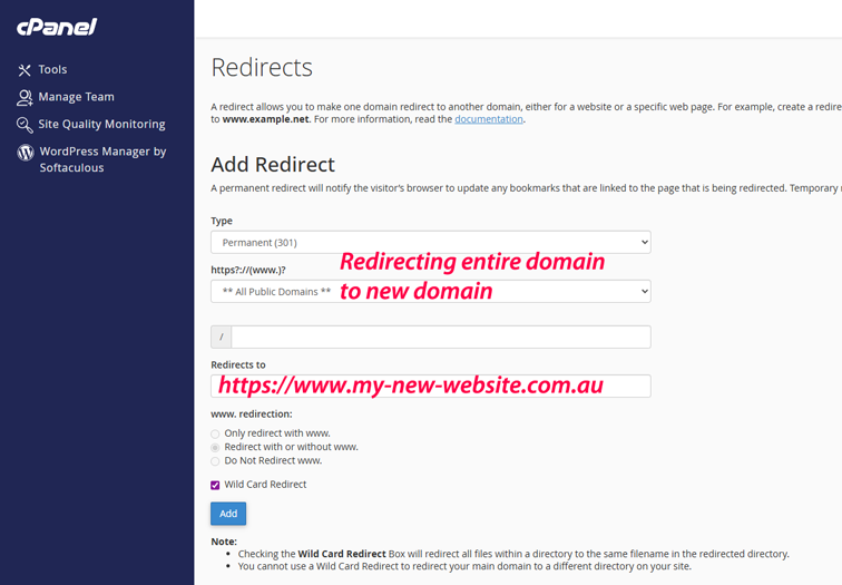 cPanel Redirects 301 Domain