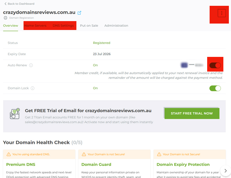 Crazy Domains Domain Management Options