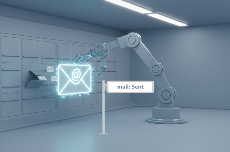 modern 3D illustration of a digital mail sorting room with street sign