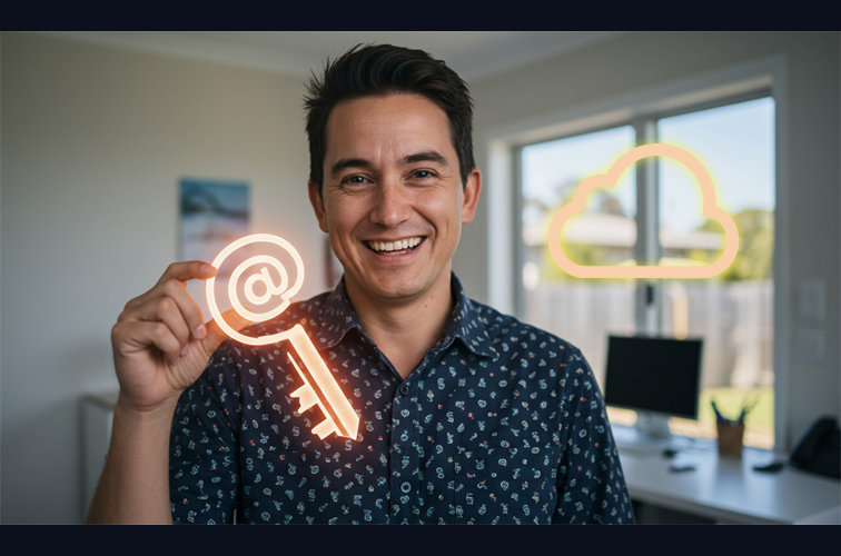 person inside home office holding digital key