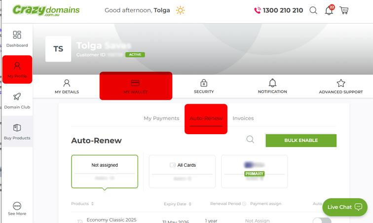Crazy Domains auto-renew option