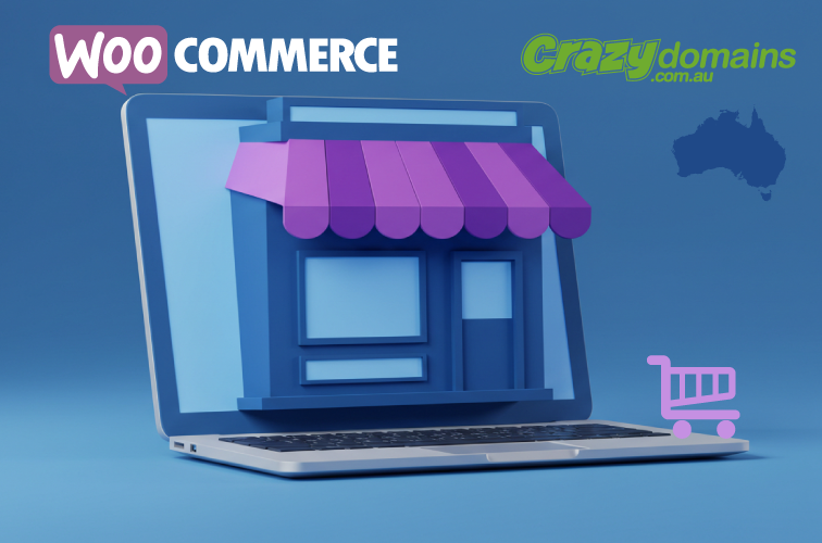 storefront is on a laptop screen and shopping cart icons with WooCommerce Logo